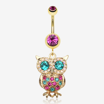 Golden Owl Sparkle Belly Ring-Fuchsia